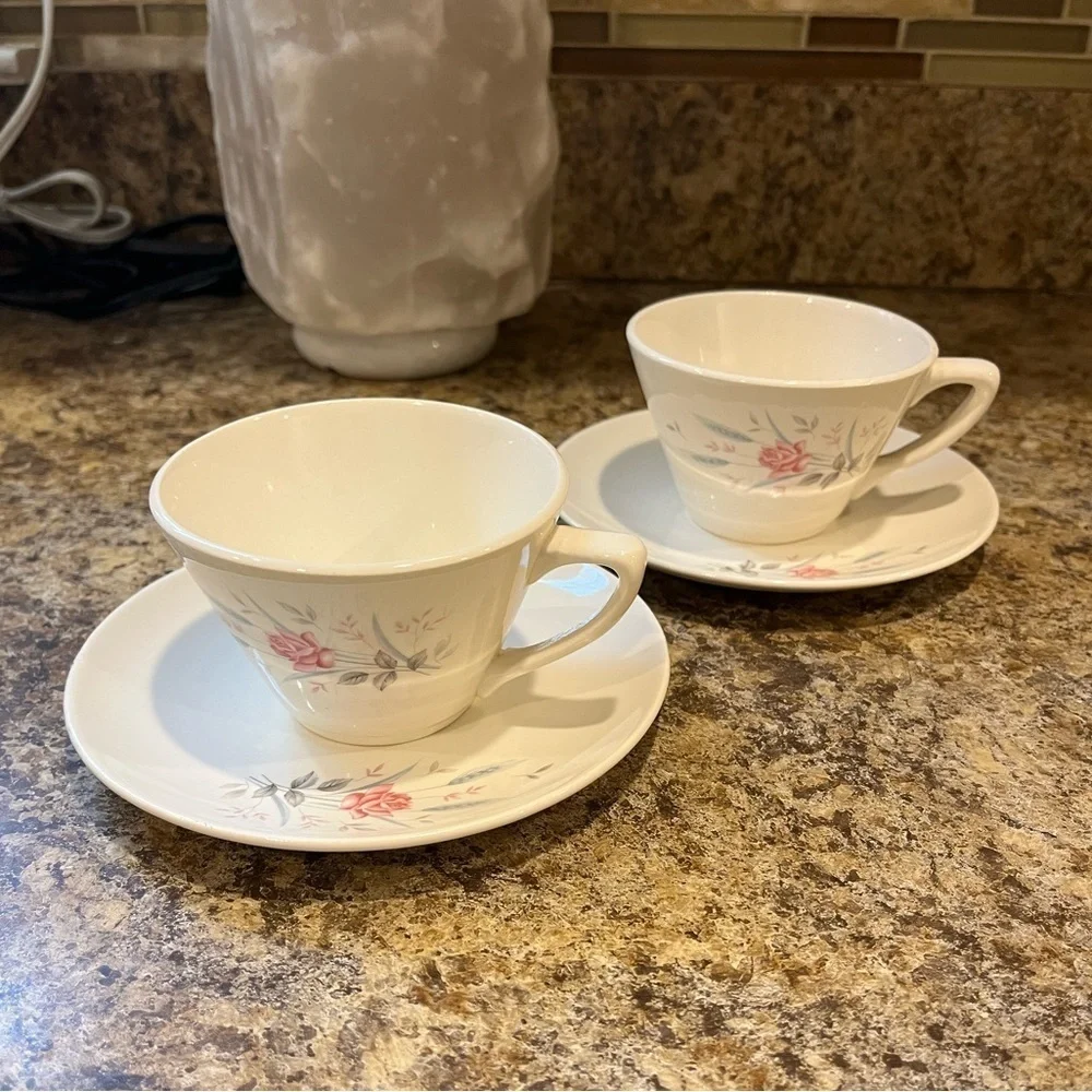 Vintage California Pottery USA Tea Cup and Saucer Pink Rose Grey Wheat Pattern